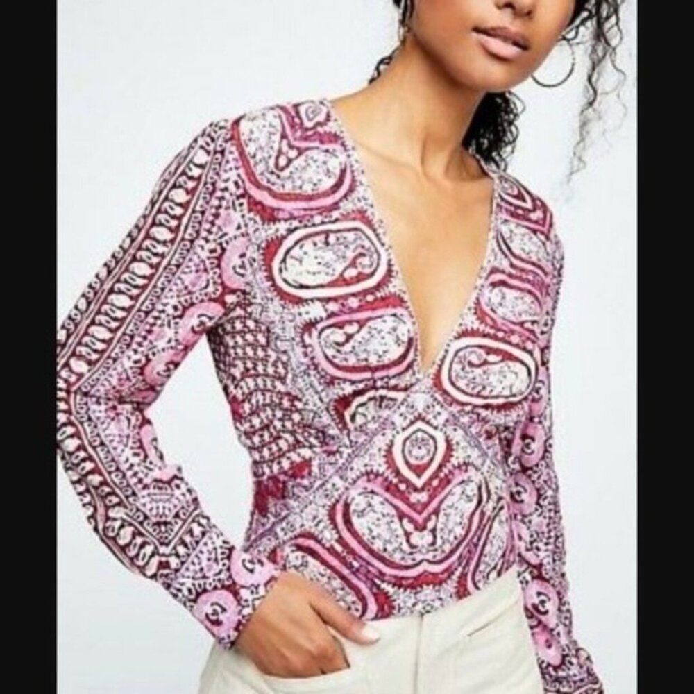 Free People Paisley Wild Free Top‎ Shirt Sz XS Womens Deep V Long Sleeve Boho
